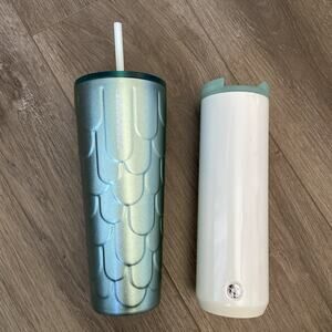 Starbucks Mermaid Tails 24oz Tumbler & Beige 16oz Travel Mug Stainless Steel